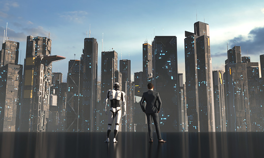 Man and robot at futuristic city