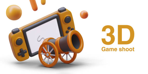 istock Game shoot concept. Realistic game console, wheel cannon. Choice of weapons for virtual battle 1950840446