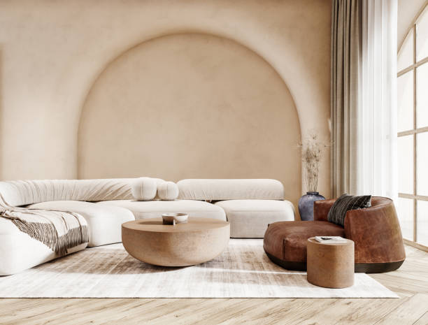Modern white beige interior design of living room with empty wall background.