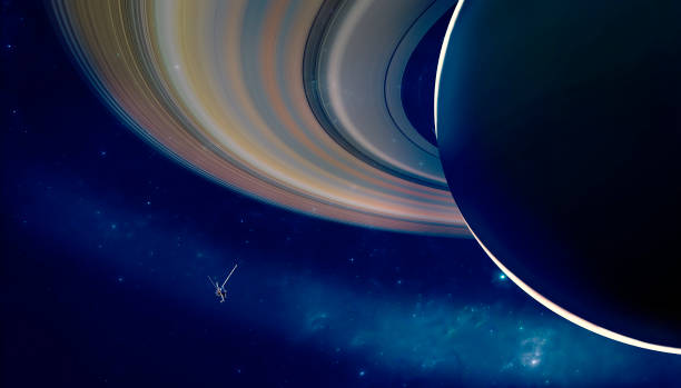 View of the planet Saturn with rings. Voyager probe in exploration around the planet View of the planet Saturn with rings. Voyager probe in exploration around the planet. Solar system. 3d render voyager 1 stock pictures, royalty-free photos & images