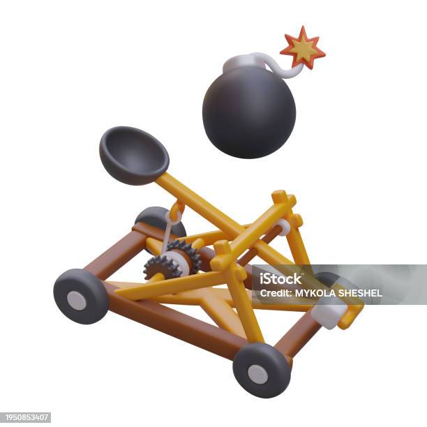 Fake Catapult Realistic Catapult Launches Projectile Round Black Bomb With Lit Cord ...