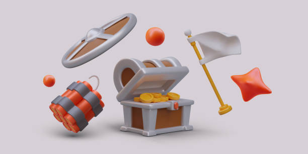 istock 3d realistic dynamite, shield, treasure chest with collection of gold coins and flag 1950859942