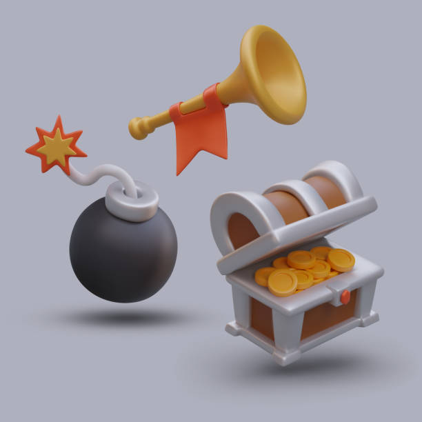 istock Bomb with fuse, trumpet with red flag, chest of gold. Vector game illustration with shadows 1950863349