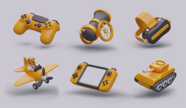 istock Concept of virtual reality. Digital games, simulation. 3D gamepad, cannon, VR glasses, plane 1950867571