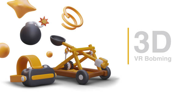 istock 3d realistic VR glasses, black bomb with fuse and catapult 1950868094