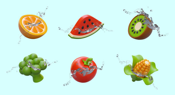 istock Set of realistic vegetables and fruits in water splashes 1950872384