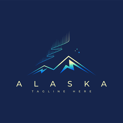 Alaska Abstract Mountain Illustration with Beauty Light Aurora at Night and Star Logo Concept