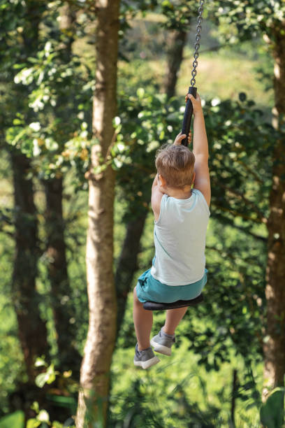 istock Little boy from behind on a hanging single rope swing in summer forest 1950936827