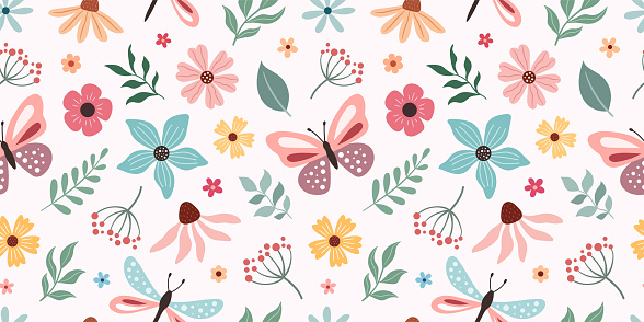 Spring-summer pattern with butterflies and flowers