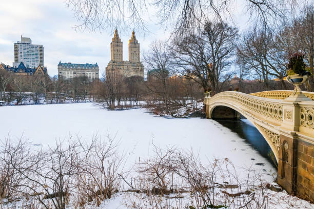 istock Panoramic view of Central Park Bow bridge and Upper West side in winter 1951024153