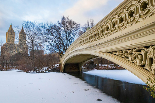 Panoramic view of New York Central Park Bow bridge ice lake and Upper West side buildings in winter