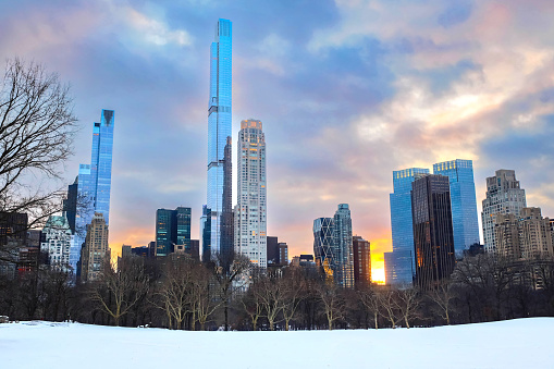 Winter view on Manhattan cityscape buildings at scenic sunset from Central Park New York