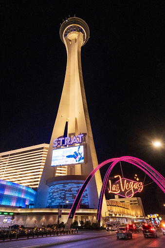 Las Vegas, NV, USA January 16th 2024 Strat Hotel Casino and Las Vegas sign at night. Stratosphere tower in Las Vegas. Stratosphere Tower, 1,149 ft (350.2 m) high, is the tallest freestanding observation tower in the USA.