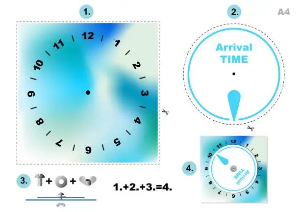 Vector illustration of DIY Car Parking Disc Timer, Clock Arrival Time Display , colorful design, printable A4