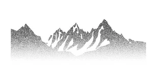 Vector illustration of Grain stippled mountain range illustration. Dotted landscape terrain silhouette. Black white grainy hill chain. Grunge noise mount peak background. Pointillism texture wallpaper. Dot work style vector