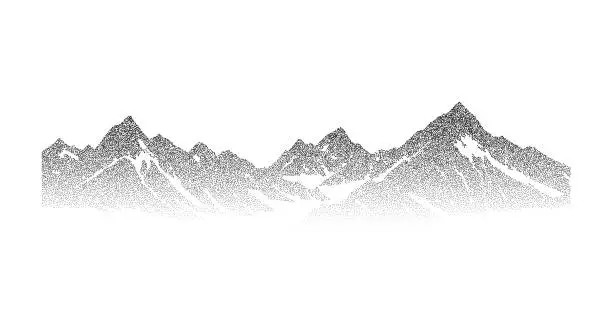 Vector illustration of Stippled grunge mountain range illustration. Dotted landscape terrain silhouette. Black white grainy hill chain. Grain noise mount peaks background. Ridge texture wallpaper. Dot work style vector