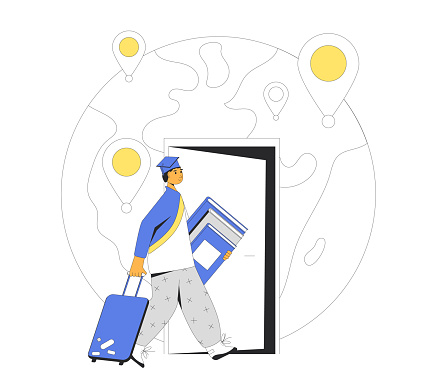 Student immigration. Brain drain metaphor. Study and work abroad opportunity for skilled workers. Visa for obtaining education. Vector outline illustration.