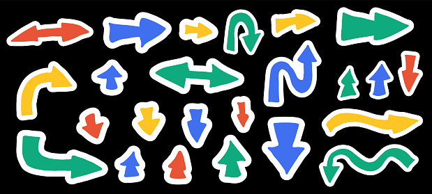 Stickers arrows set. Collection of pointers. Hand drawn isolated design elements symbols. left, right, down, up, forward direction sings. Vector illustration.