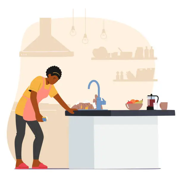 Vector illustration of Exhausted Housewife In A Cluttered Kitchen, Surrounded By Chores. Fatigued From Endless Housework, Vector