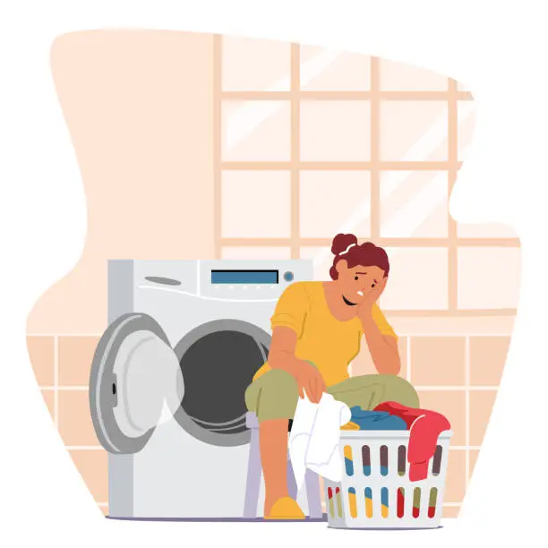 Vector illustration of Exhausted Housewife Character, Burdened By Relentless Laundry And Housework, Wearily Navigates Through Chores