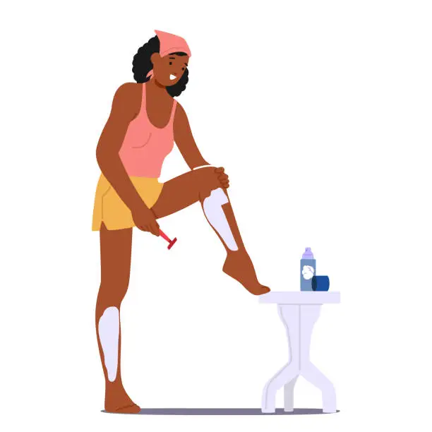 Vector illustration of Black Woman Character Meticulously Shaves Her Legs, Applying Smooth Strokes With A Razor, Vector Illustration