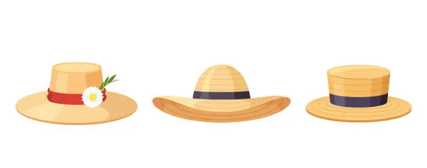 Vector illustration of Classic Summer Panama Hats, Woven From Natural Straw, Provide Stylish Sun Protection. Wide Brim And Lightweight Design