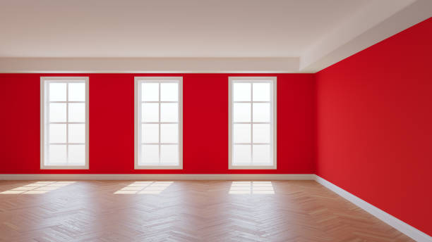 istock Red Interior with a White Ceiling and Cornice, Glossy Herringbone Parquet Floor 1951055636