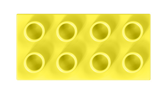 Lemon Toy Block Isolated on a White Background. Close Up View of a Plastic Children Game Brick for Constructors, Top View. High Quality 3D Rendering with a Work Path. 8K Ultra HD, 7680x4320, 300 dpi