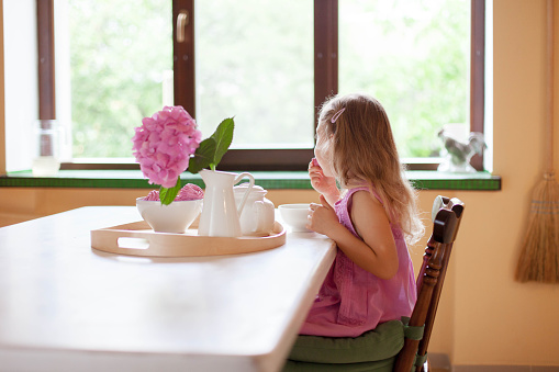 Kid girl drinks tea at kitchen table. Child gourmet is tasting sweets. Spring breakfast with teapot, mug, hydrangea flowers. Cozy home atmosphere.