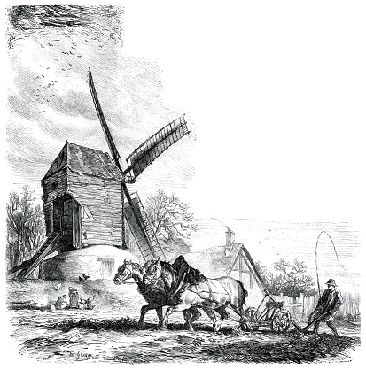 Windmill idyllic scene farmer plowing field Netherlands illustration1857
Original edition from my own archives
Source : 1857 Correo de Ultramar