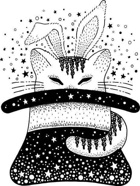 Vector illustration of Magic trick with illusionist hat and cat with rabbit ears. Magician show in circus, funny focus with cute animal in black wizard cylinder, vector hand drawn illustration