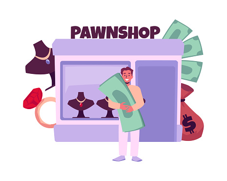 Pawnshop concept with happy man holding cash money and jewelry give as collateral. Customer get loan. Pawnbroker service. Flat vector illustration on white background.