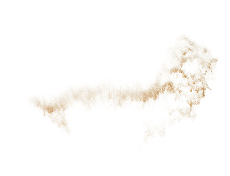 Abstract cloud fly. Yellow colored sand splash throwing curve circle in Air. Golden grain wave explode. Fine Sand flying explosion, White background Isolated throwing particle element object