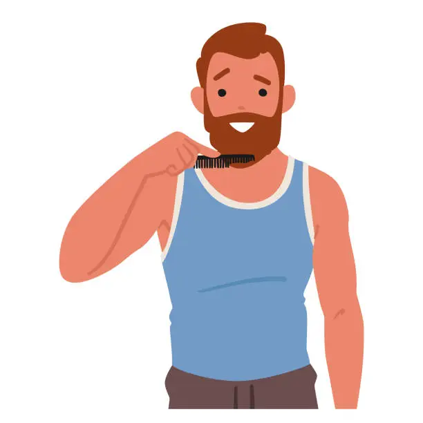 Vector illustration of Male Beauty Routine, Man Styling His Beard With Precision, Comb Glides Through Each Strand, Ritual Of Care