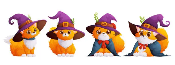 Vector illustration of A set of four happy and cute cats with a purple witch hat on their head. Halloween theme, kitten in a magician's hat and mantle. Cartoon style, vector.