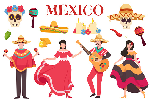 Set of mexico elements, skeleton characters, animals in flat hand drawn style. Mexican symbols, icons and illustrations.