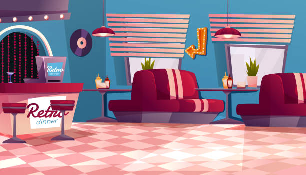 Retro cafe interior American Retro restaurant, diner interior with bar counter. Fast food retro cafe. Panoramic view of eatery. Empty restaurant with vintage decor. indoors bar restaurant sofa stock illustrations