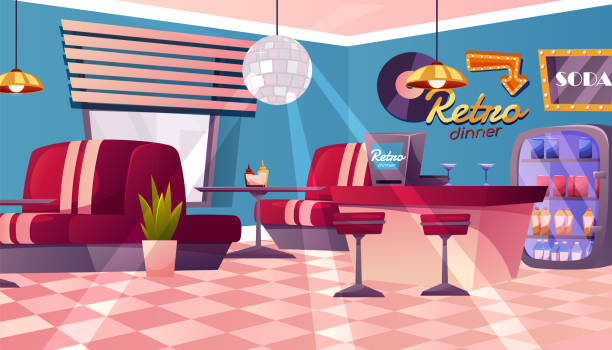 Retro cafe interior American Retro restaurant, diner interior with bar counter. Fast food retro cafe. Panoramic view of eatery. Empty restaurant with vintage decor. indoors bar restaurant sofa stock illustrations