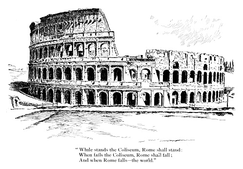 British Poet Lord Byron's quote about the Coliseum. the oldest and largest amphitheater, Rome, Italy. Illustration published 1896. Original edition is from my own archives. Copyright has expired and is in Public Domain.