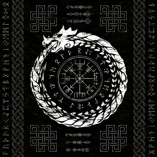 Abstract dragon viking white symbol with runes White runic Scandinavian symbol with dragon circle and Vegvisir sign for Scandinavian tattoo design isolated on black background celtic dragon tattoo stock illustrations