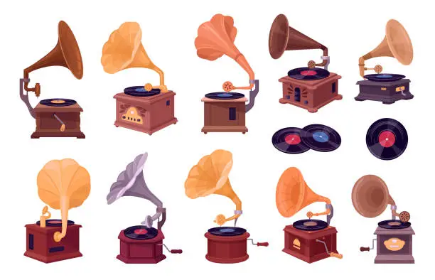 Vector illustration of Vintage gramophone set. Cartoon antique disk players and vinyl, retro music record audio devices flat vector illustration set. Retro gramophones collection