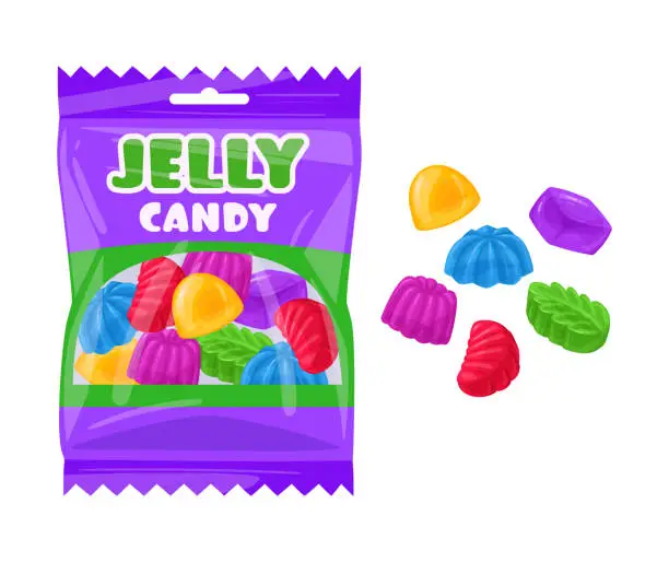 Vector illustration of Fruity gummy in bag. Sweet jelly candies with fruit flavors flat vector illustration. Chewy gummy jelly package