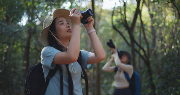 istock Two Young asian backpacker women walking in trail with digital camera in forest 1951306977