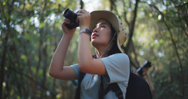 istock Young asian backpacker women use digital camera in forest in Autumn 1951306983