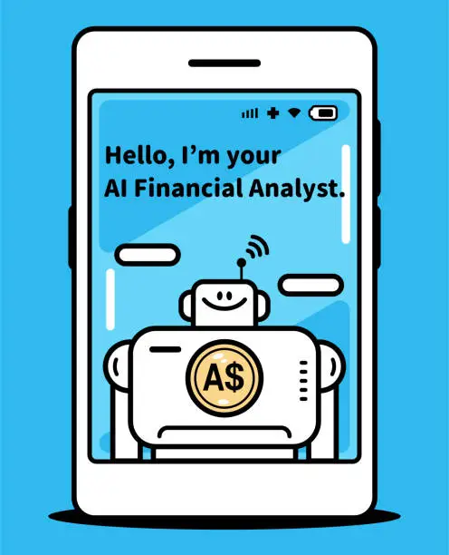 Vector illustration of An AI Financial Analyst Robot appears on the smartphone screen and greets you