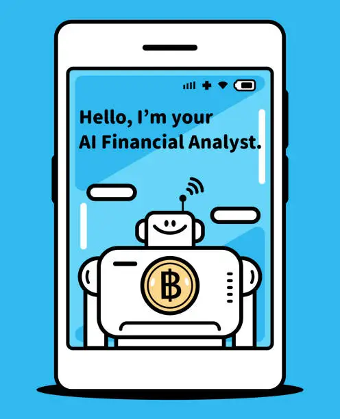 Vector illustration of An AI Financial Analyst Robot appears on the smartphone screen and greets you