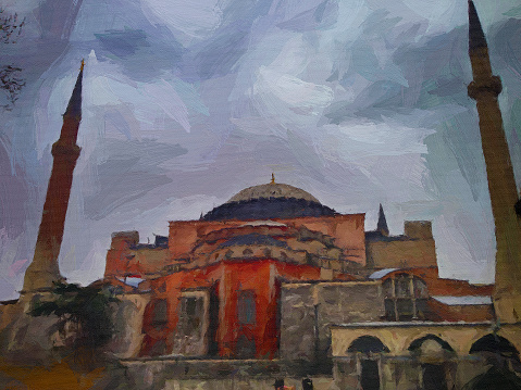 Istanbul, Turkey Hagia Sophia Against the background of the sky with clouds close -up. Oil picture