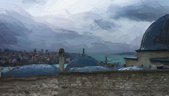 Istanbul, Turkey. View of the Golden Horn, Galata Tower and the city from the Suleimania mosque. Oil picture