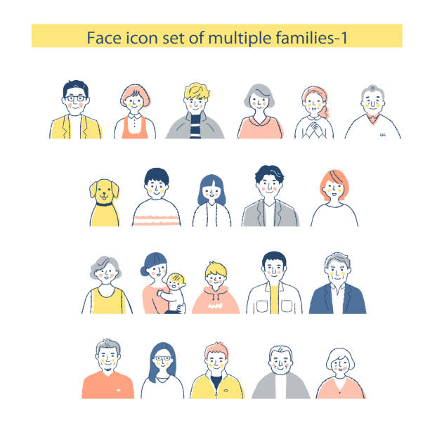 ilustraciones, imágenes clip art, dibujos animados e iconos de stock de varios iconos de la familia establecen la parte superior del cuerpo - family pets dog multi generation family