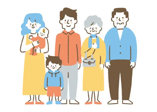 Vector illustration of Family of six standing side by side_Color